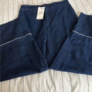 Zara cotton wide leg Blue Denim Pants with White Accents Sz L NWT